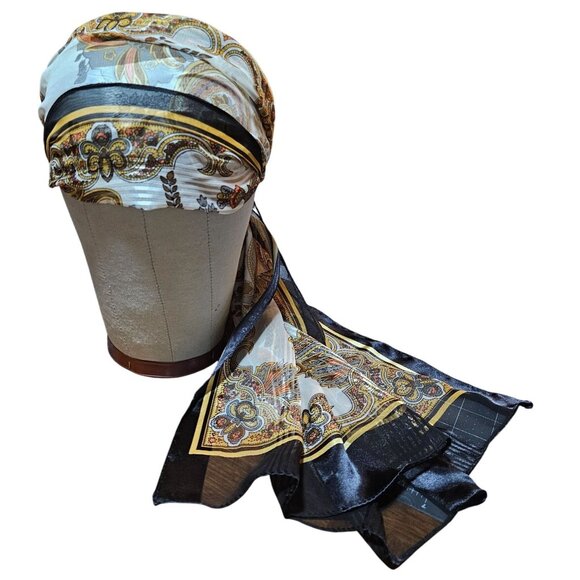 VTG Silk Blend Scarf head wrap Black Gold Paisley Boho Parisian Head Wrap - Picture 4 of 13